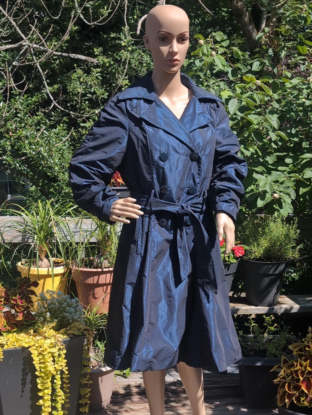 RAINFOREST Navy Iridescent Double-Breasted Trench Coat with Belt